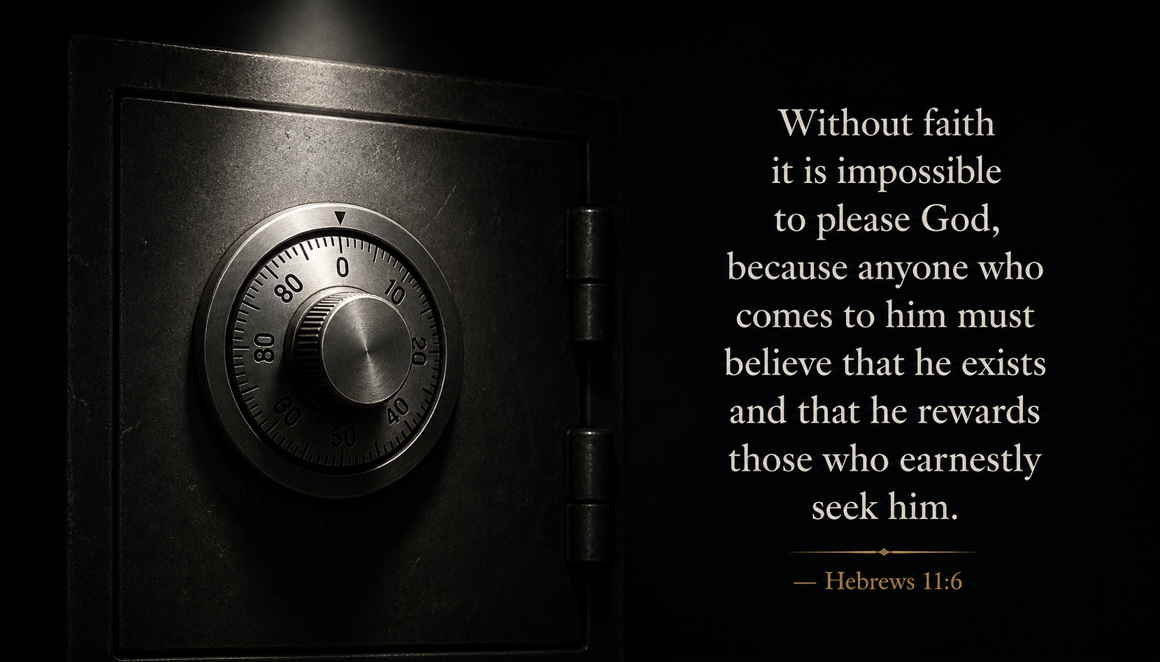 Locked safe with combination dial in spotlight with Hebrews 11:6 verse about faith being impossible to please God without